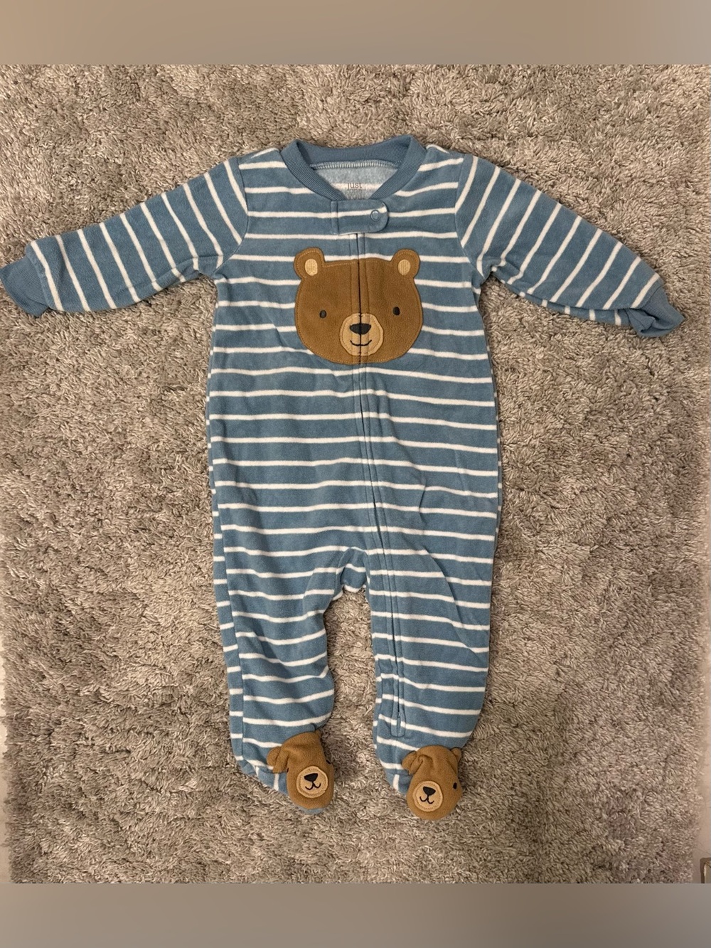 Carter’s Just One You Light Blue Stripe Bear Fleece Footie Pajamas 6 Months